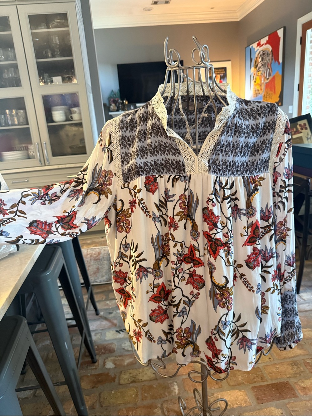 LOFT White Floral Boho floral blouse with Red & Olive Accents - Picture 2 of 8